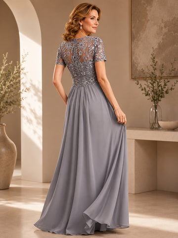 Stretch Chiffon Round Neck Short Sleeves Floor Length Mother of the Bride Pantsuits with Appliques Lace