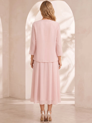 Sheath/Column Jewel Neck Tea Length Mother of the Bride Dresses with Jacket & Beading