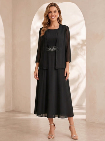 Sheath/Column Jewel Neck Tea Length Mother of the Bride Dresses with Jacket & Beading