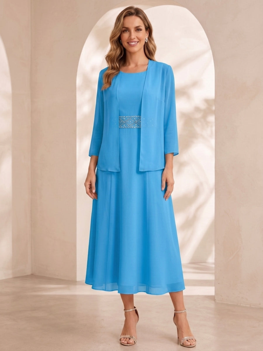 Sheath/Column Jewel Neck Tea Length Mother of the Bride Dresses with Jacket & Beading