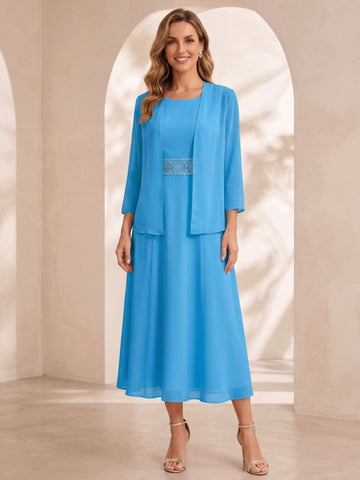 Sheath/Column Jewel Neck Tea Length Mother of the Bride Dresses with Jacket & Beading