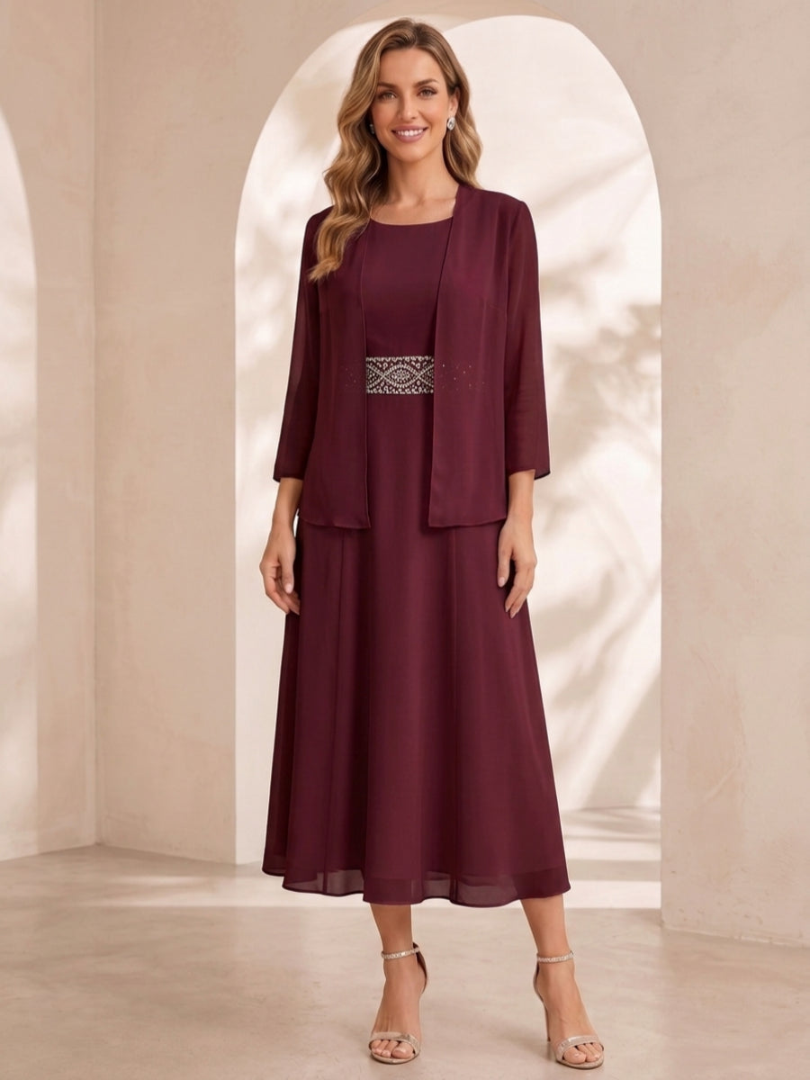 Sheath/Column Jewel Neck Tea Length Mother of the Bride Dresses with Jacket & Beading