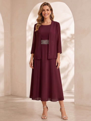Sheath/Column Jewel Neck Tea Length Mother of the Bride Dresses with Jacket & Beading