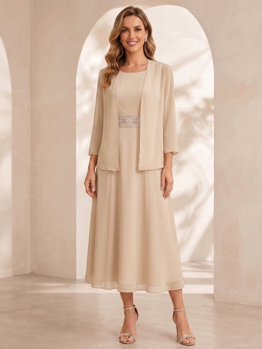 Sheath/Column Jewel Neck Tea Length Mother of the Bride Dresses with Jacket & Beading