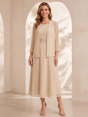 Sheath/Column Jewel Neck Tea Length Mother of the Bride Dresses with Jacket & Beading