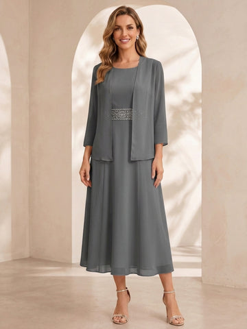 Sheath/Column Jewel Neck Tea Length Mother of the Bride Dresses with Jacket & Beading