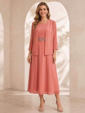Sheath/Column Jewel Neck Tea Length Mother of the Bride Dresses with Jacket & Beading