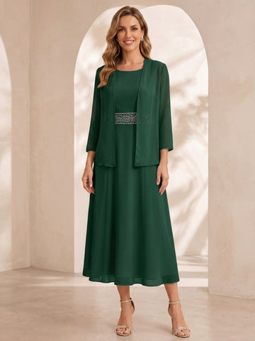 Sheath/Column Jewel Neck Tea Length Mother of the Bride Dresses with Jacket & Beading