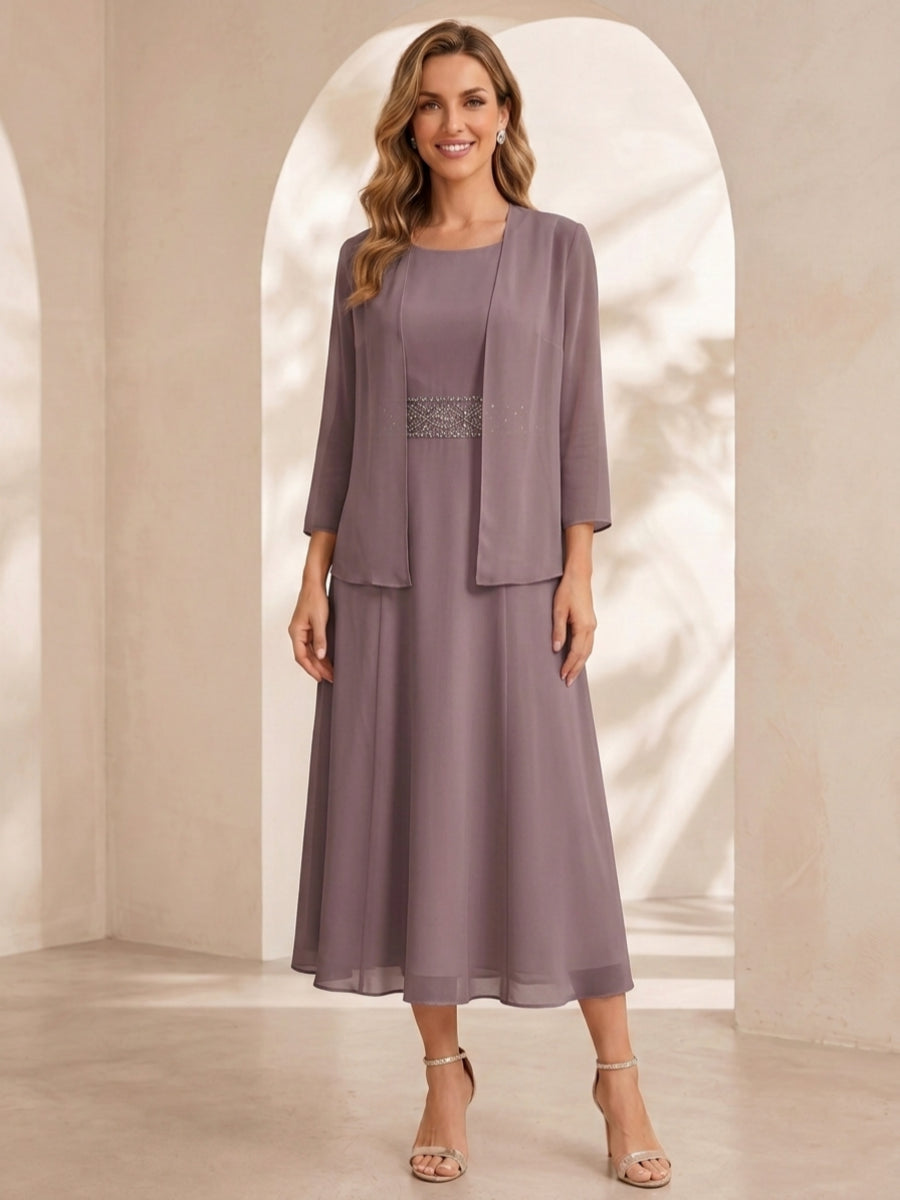 Sheath/Column Jewel Neck Tea Length Mother of the Bride Dresses with Jacket & Beading