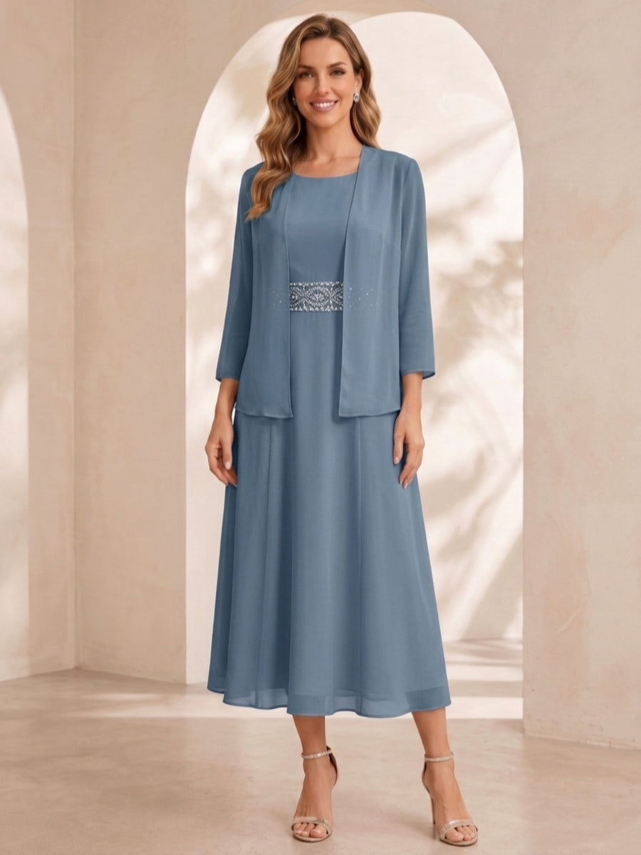 Sheath/Column Jewel Neck Tea Length Mother of the Bride Dresses with Jacket & Beading
