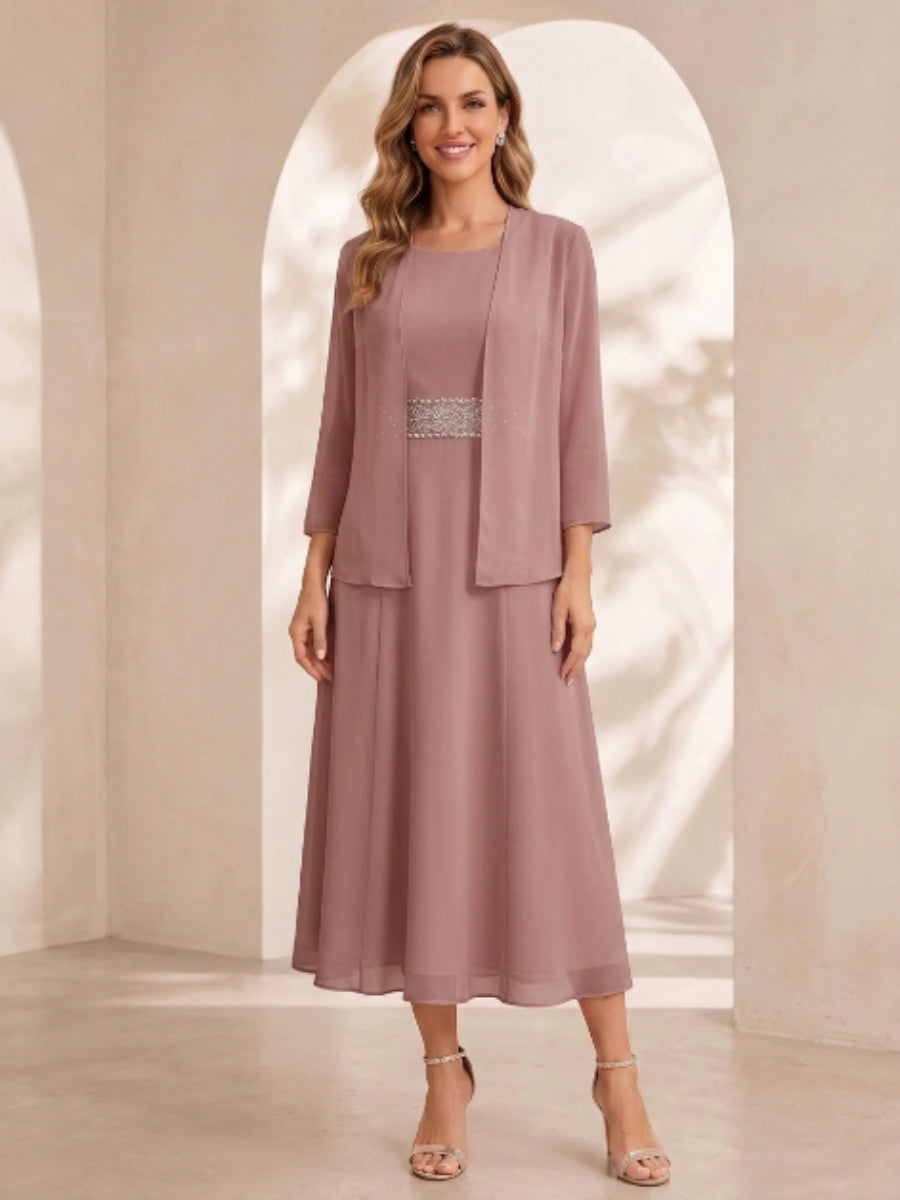 Sheath/Column Jewel Neck Tea Length Mother of the Bride Dresses with Jacket & Beading