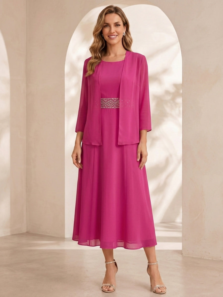Sheath/Column Jewel Neck Tea Length Mother of the Bride Dresses with Jacket & Beading