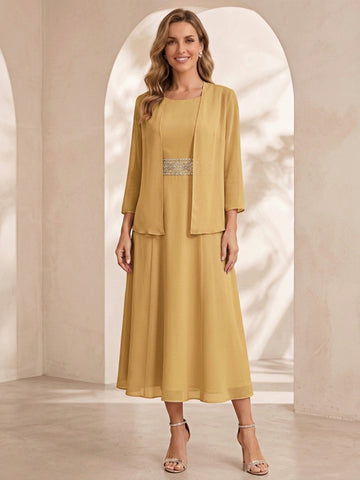 Sheath/Column Jewel Neck Tea Length Mother of the Bride Dresses with Jacket & Beading