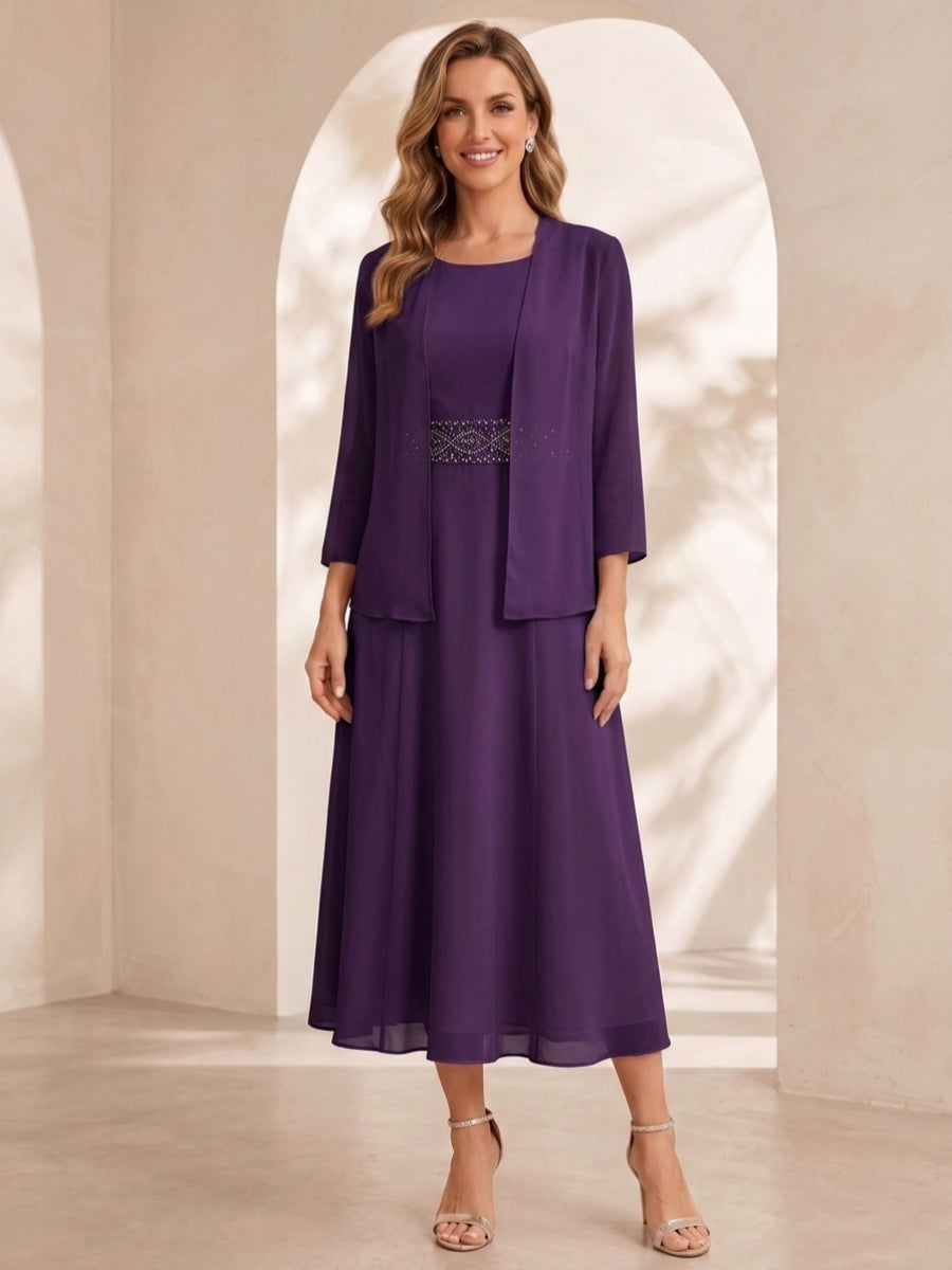 Sheath/Column Jewel Neck Tea Length Mother of the Bride Dresses with Jacket & Beading