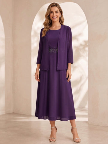 Sheath/Column Jewel Neck Tea Length Mother of the Bride Dresses with Jacket & Beading