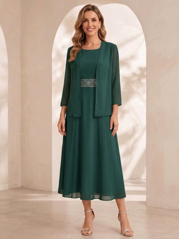 Sheath/Column Jewel Neck Tea Length Mother of the Bride Dresses with Jacket & Beading