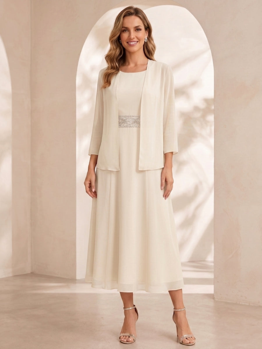 Sheath/Column Jewel Neck Tea Length Mother of the Bride Dresses with Jacket & Beading