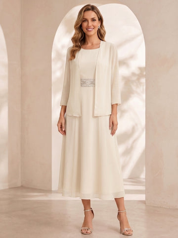 Sheath/Column Jewel Neck Tea Length Mother of the Bride Dresses with Jacket & Beading