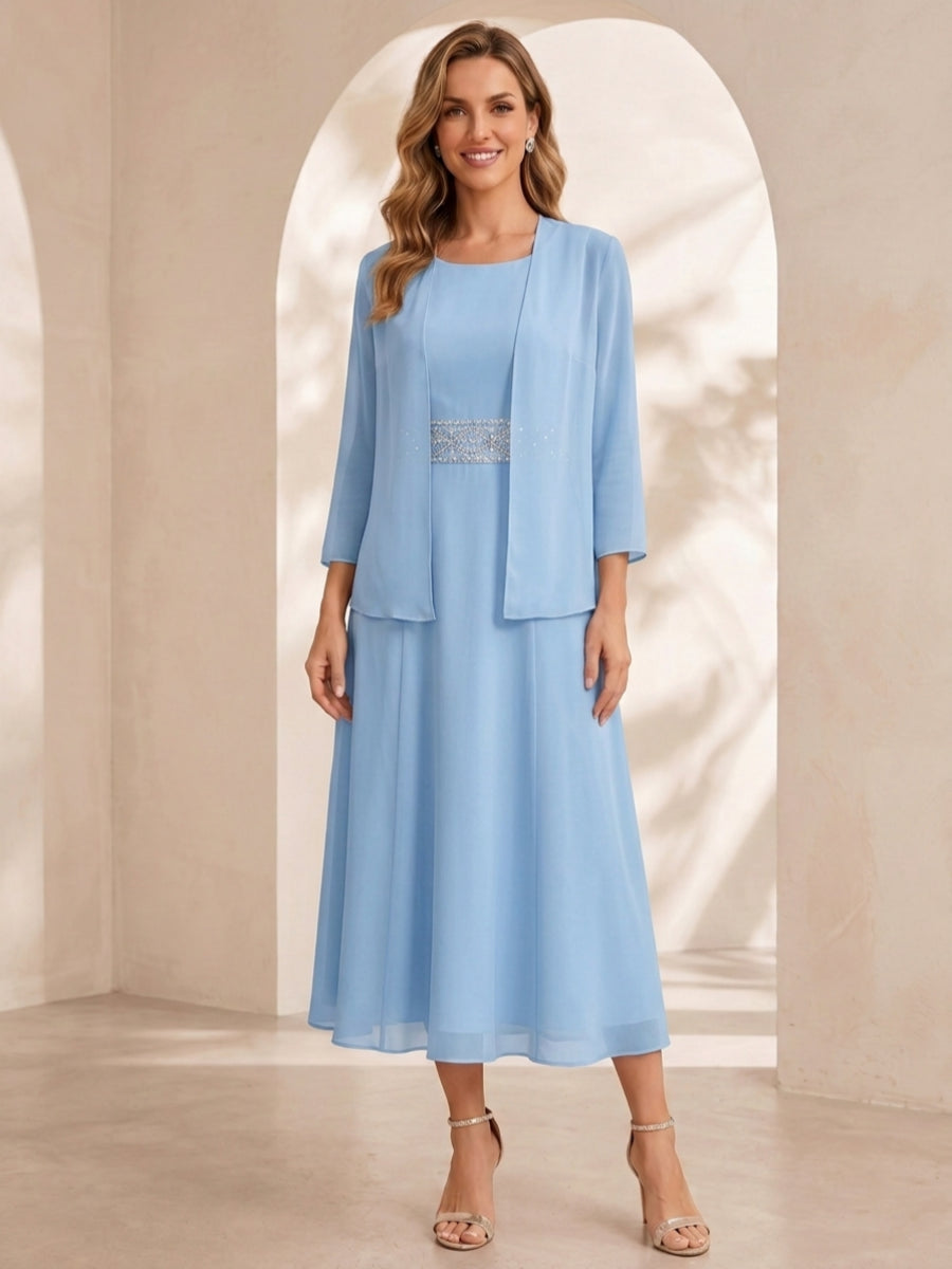 Sheath/Column Jewel Neck Tea Length Mother of the Bride Dresses with Jacket & Beading