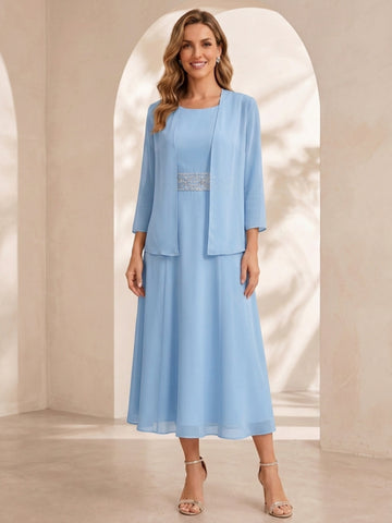 Sheath/Column Jewel Neck Tea Length Mother of the Bride Dresses with Jacket & Beading