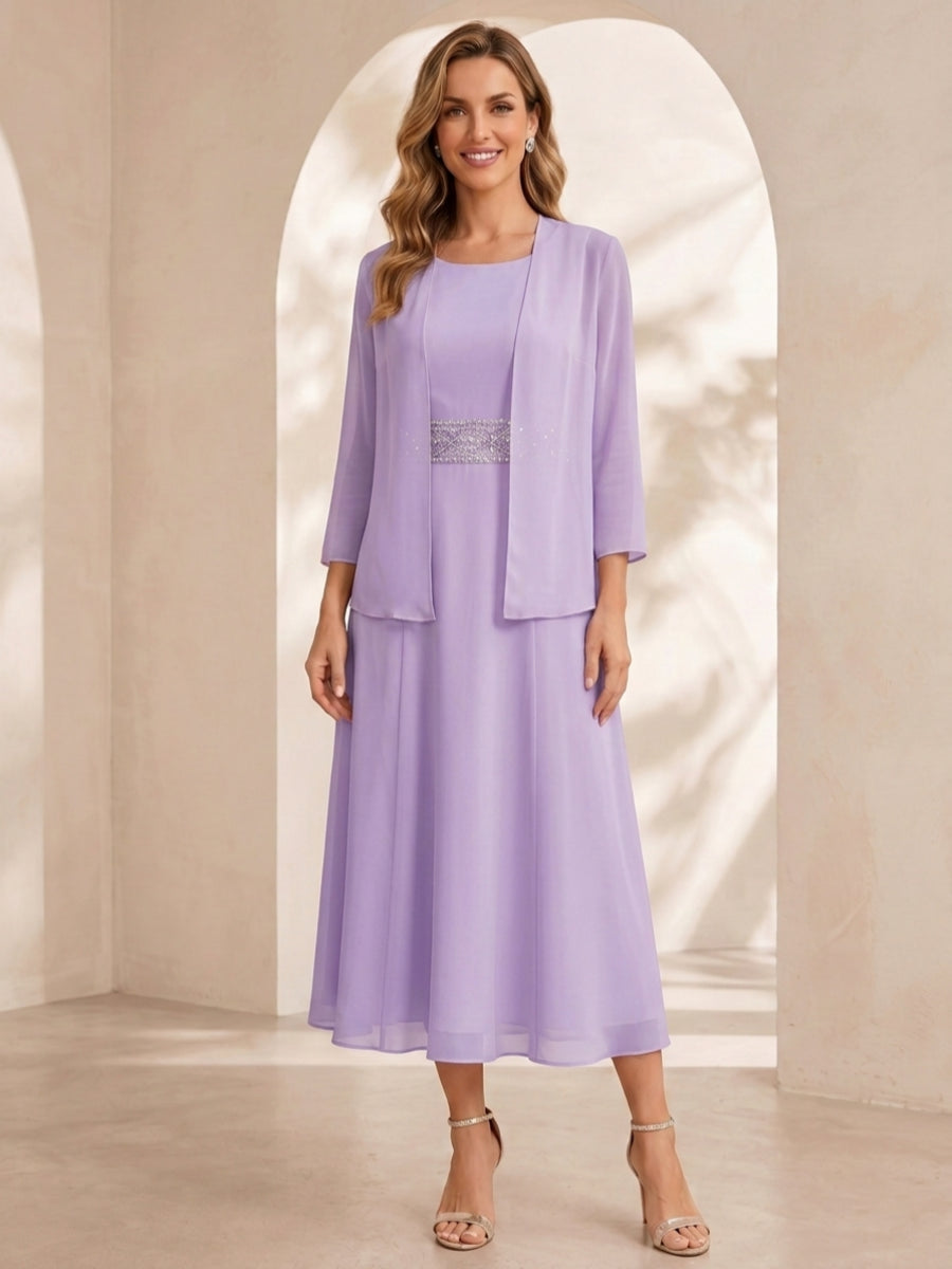 Sheath/Column Jewel Neck Tea Length Mother of the Bride Dresses with Jacket & Beading