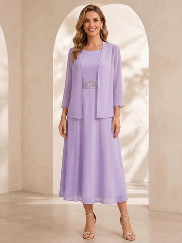 Sheath/Column Jewel Neck Tea Length Mother of the Bride Dresses with Jacket & Beading