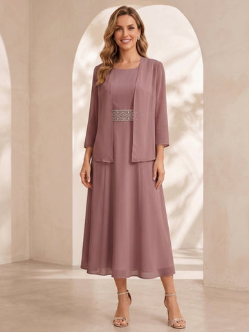Sheath/Column Jewel Neck Tea Length Mother of the Bride Dresses with Jacket & Beading