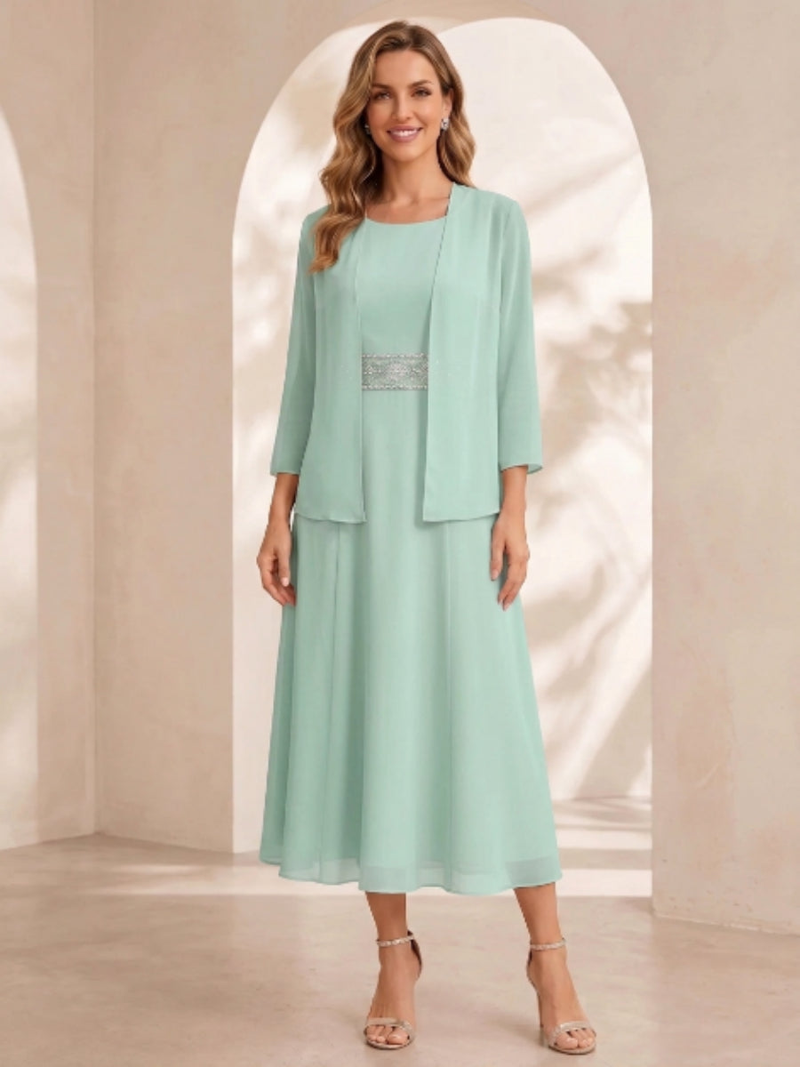 Sheath/Column Jewel Neck Tea Length Mother of the Bride Dresses with Jacket & Beading