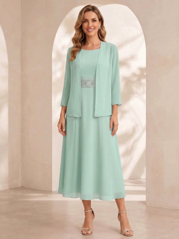 Sheath/Column Jewel Neck Tea Length Mother of the Bride Dresses with Jacket & Beading