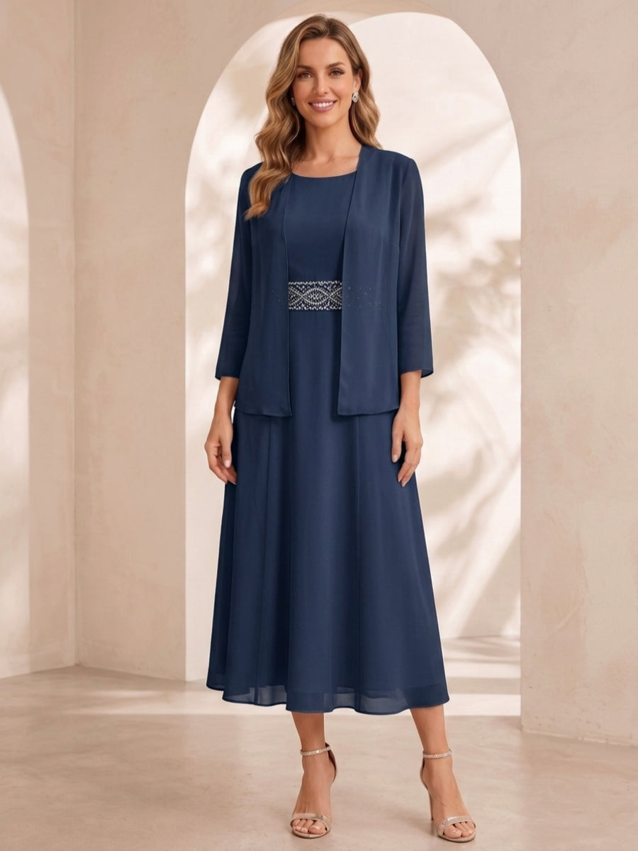 Sheath/Column Jewel Neck Tea Length Mother of the Bride Dresses with Jacket & Beading