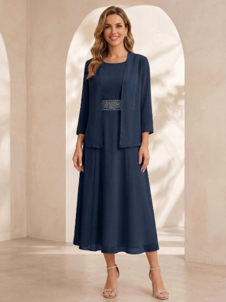 Sheath/Column Jewel Neck Tea Length Mother of the Bride Dresses with Jacket & Beading