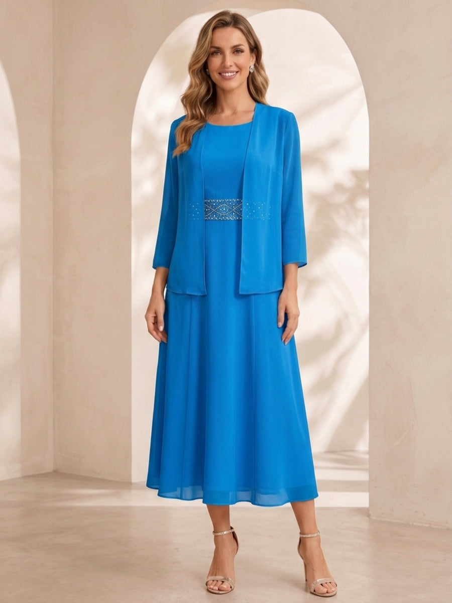 Sheath/Column Jewel Neck Tea Length Mother of the Bride Dresses with Jacket & Beading
