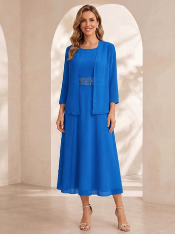 Sheath/Column Jewel Neck Tea Length Mother of the Bride Dresses with Jacket & Beading