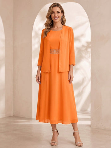 Sheath/Column Jewel Neck Tea Length Mother of the Bride Dresses with Jacket & Beading