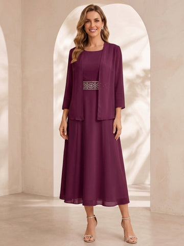 Sheath/Column Jewel Neck Tea Length Mother of the Bride Dresses with Jacket & Beading