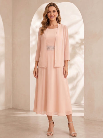 Sheath/Column Jewel Neck Tea Length Mother of the Bride Dresses with Jacket & Beading