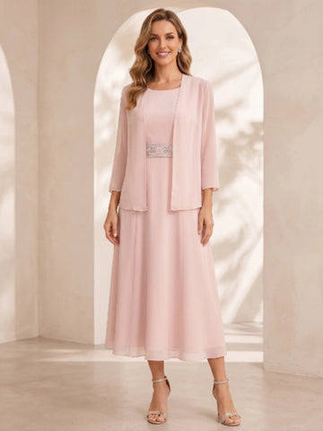 Sheath/Column Jewel Neck Tea Length Mother of the Bride Dresses with Jacket & Beading