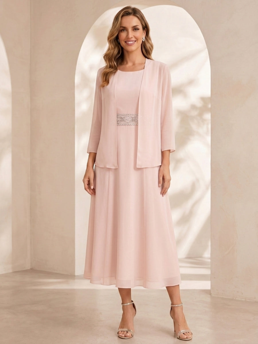 Sheath/Column Jewel Neck Tea Length Mother of the Bride Dresses with Jacket & Beading