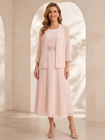 Sheath/Column Jewel Neck Tea Length Mother of the Bride Dresses with Jacket & Beading