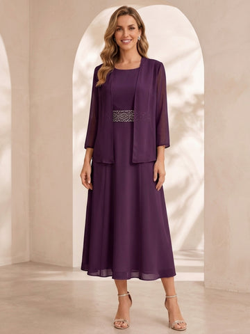 Sheath/Column Jewel Neck Tea Length Mother of the Bride Dresses with Jacket & Beading