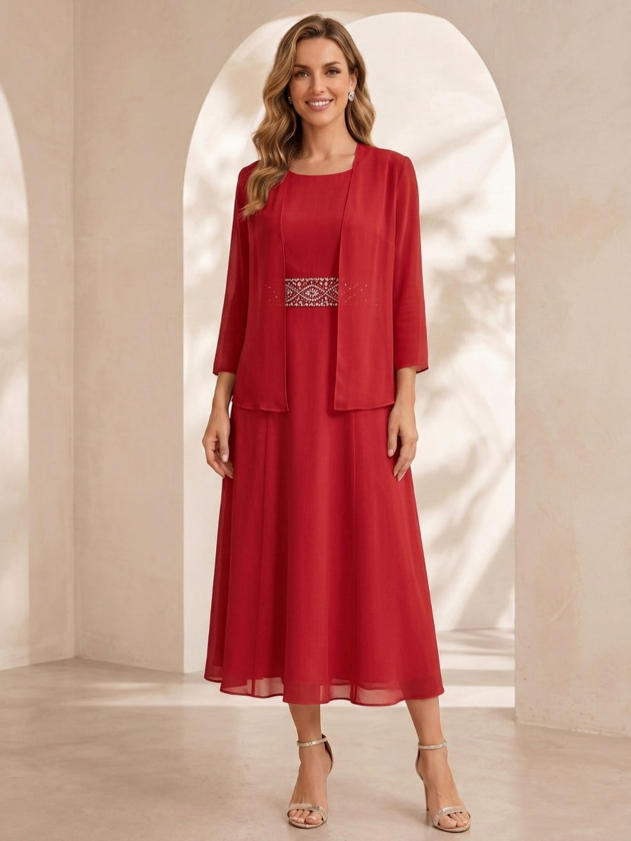 Sheath/Column Jewel Neck Tea Length Mother of the Bride Dresses with Jacket & Beading