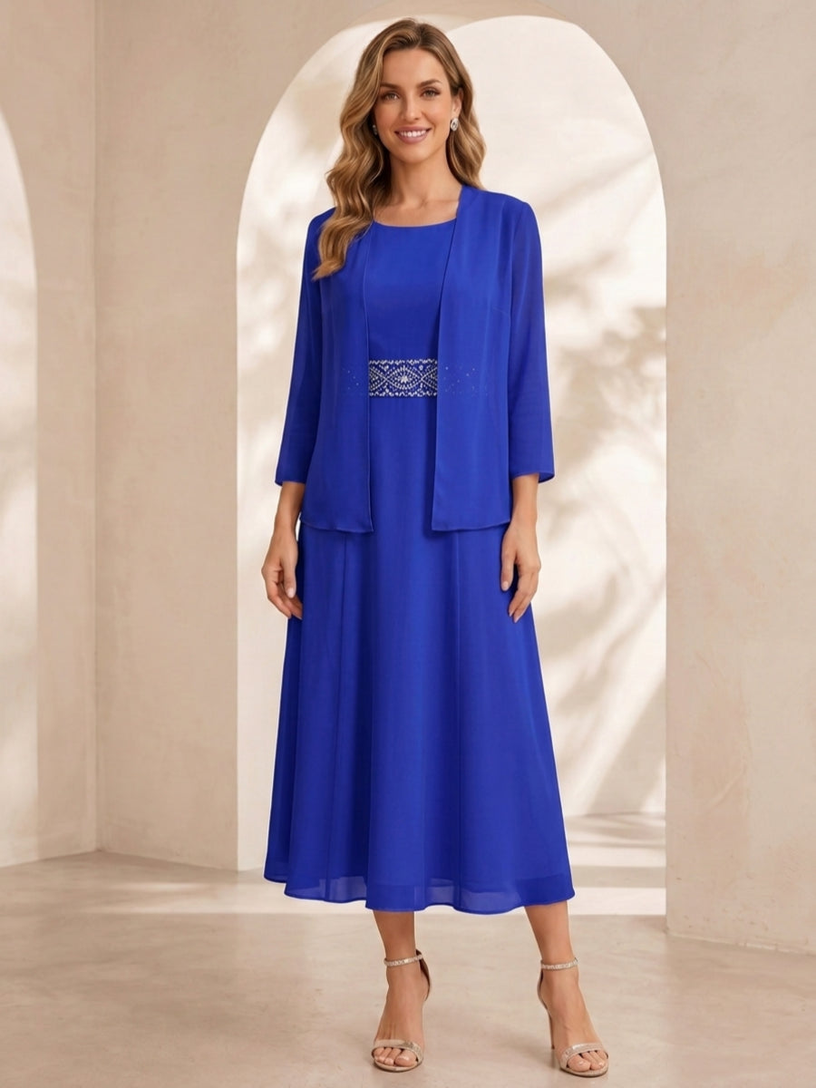 Sheath/Column Jewel Neck Tea Length Mother of the Bride Dresses with Jacket & Beading