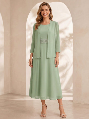 Sheath/Column Jewel Neck Tea Length Mother of the Bride Dresses with Jacket & Beading