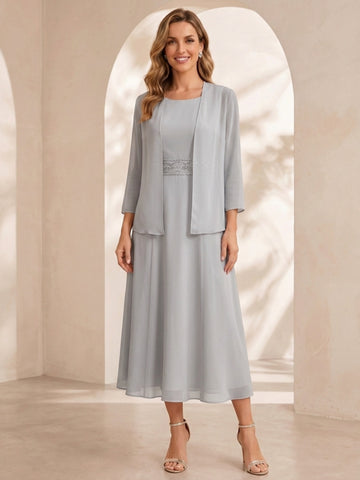 Sheath/Column Jewel Neck Tea Length Mother of the Bride Dresses with Jacket & Beading