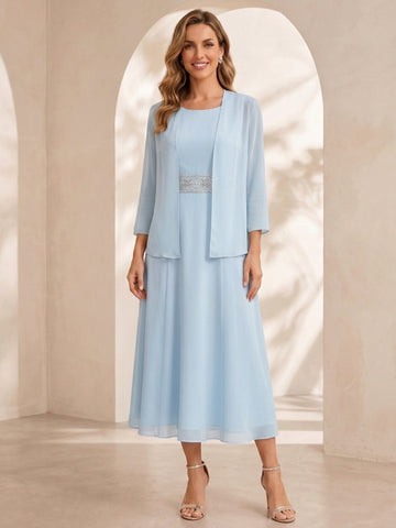 Sheath/Column Jewel Neck Tea Length Mother of the Bride Dresses with Jacket & Beading