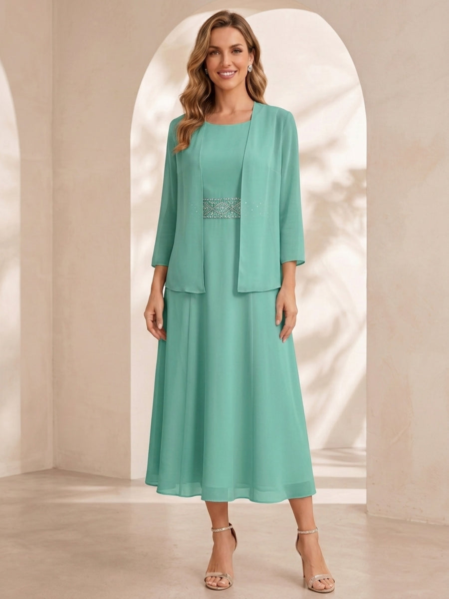 Sheath/Column Jewel Neck Tea Length Mother of the Bride Dresses with Jacket & Beading