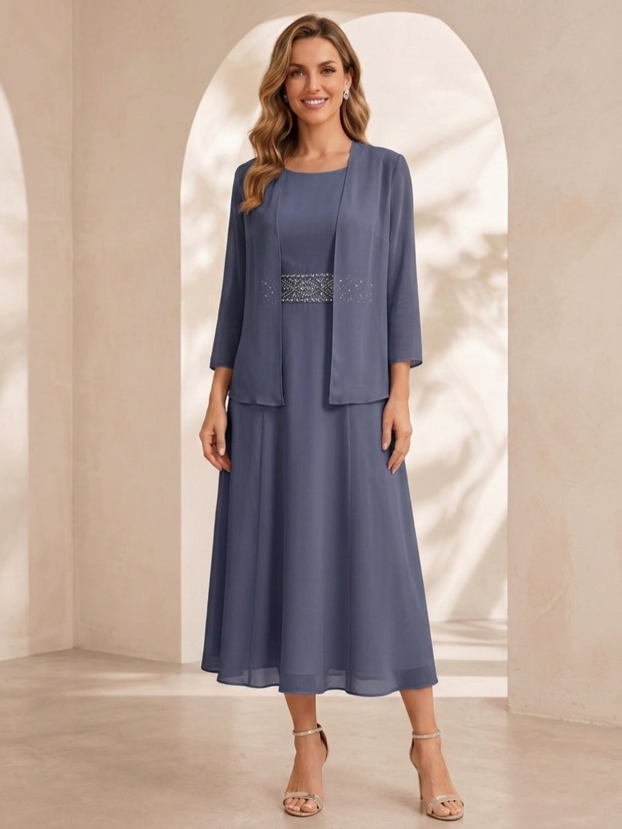 Sheath/Column Jewel Neck Tea Length Mother of the Bride Dresses with Jacket & Beading