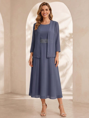 Sheath/Column Jewel Neck Tea Length Mother of the Bride Dresses with Jacket & Beading