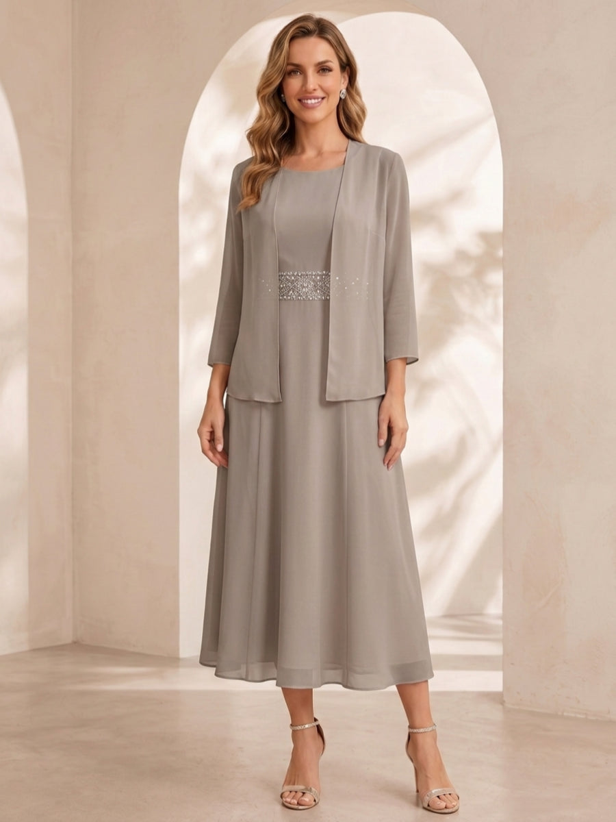 Sheath/Column Jewel Neck Tea Length Mother of the Bride Dresses with Jacket & Beading