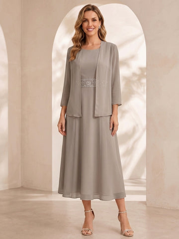 Sheath/Column Jewel Neck Tea Length Mother of the Bride Dresses with Jacket & Beading